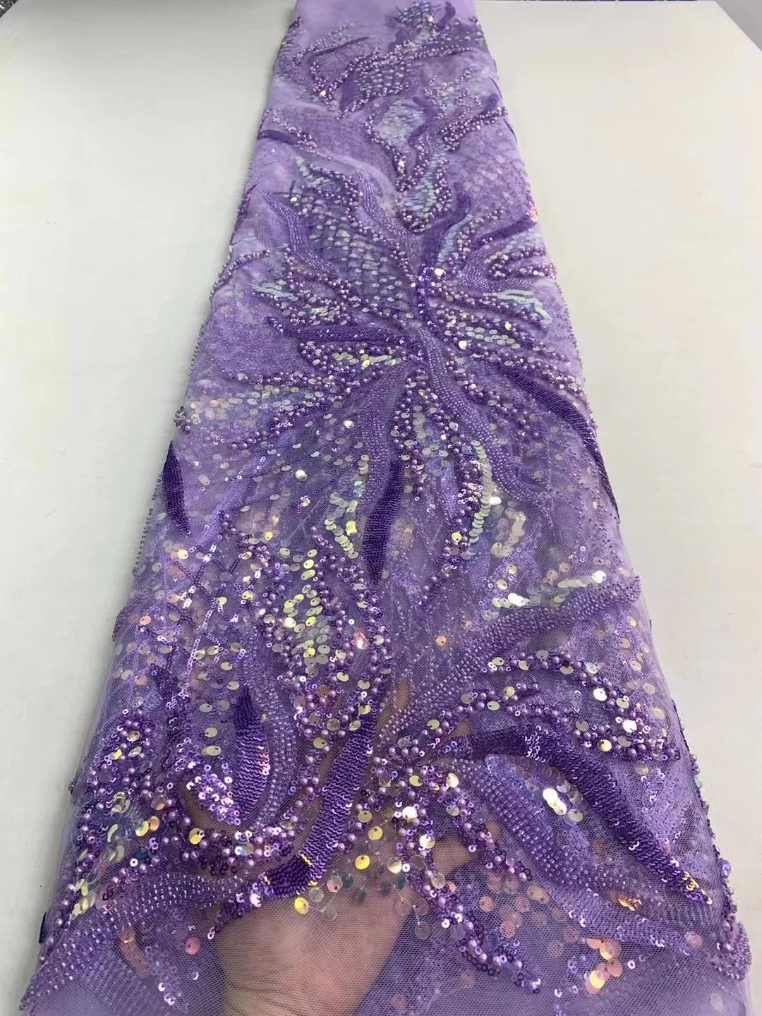 

High-End Handmade Beaded Lace Fabric Purple Embroidery French Lace Luxury Nigerian Sequins Mesh Lace Fabric For Party Dress