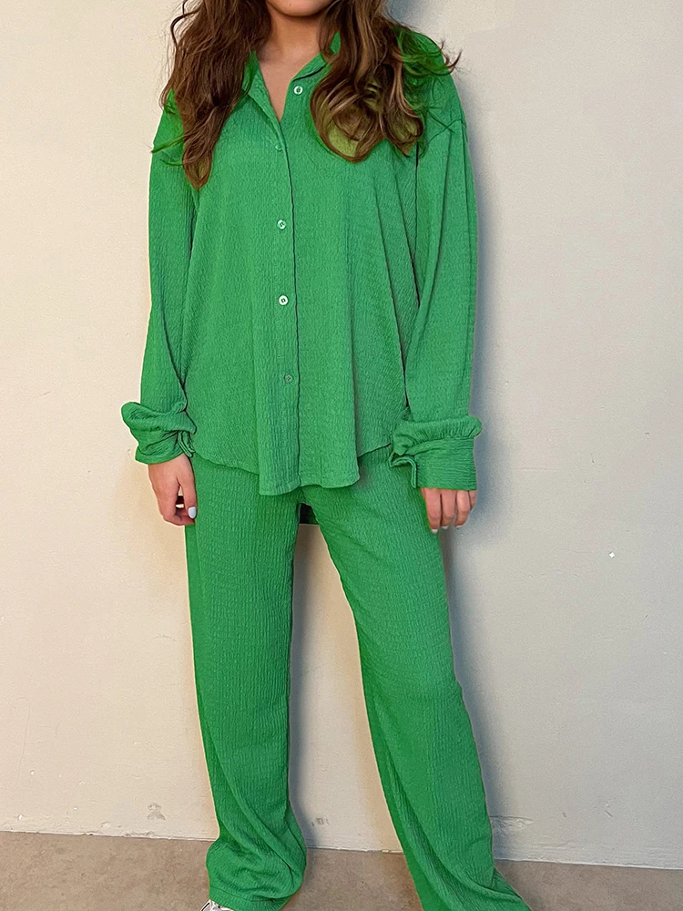 

Linad Loose Pajamas For Women 2 Piece Sets Solid Long Sleeve Sleepwear Female Casual Trouser Suits 2023 Autumn Fashion Nightwear