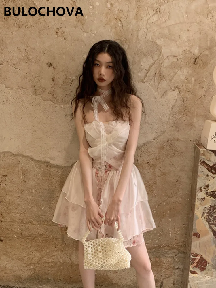 

BULOCHOVA Original Designer French Summer Chiffon Print Slim Mini Dress Women Halter Strapless Casual A Line Vestidos 2023 New