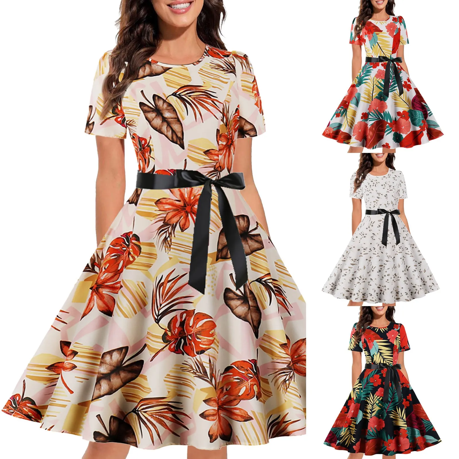 

Женское винтажное коктейльное платье с принтом, с коротким рукавом