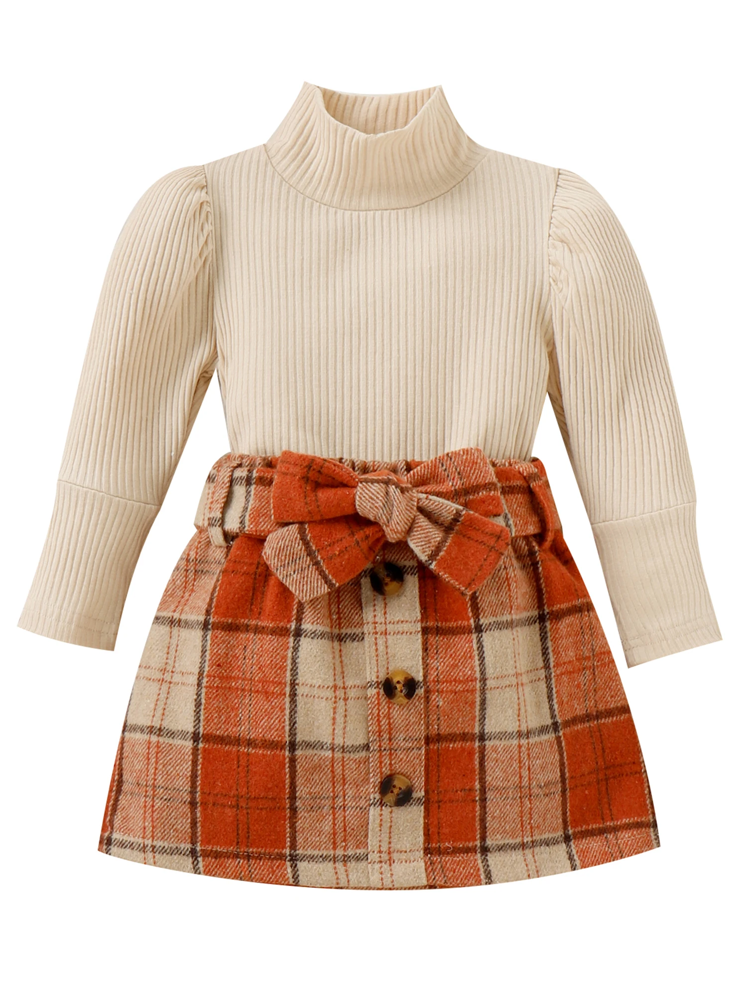 

Модная одежда для малышей из 2 предметов, осенний свитер с длинным рукавом и высокой талией для маленьких девочек, юбка на пуговицах