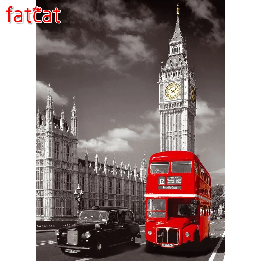 Картина для вышивки крестиком FATCAT diy 5d бриллиантовая фотобашня красный автобус