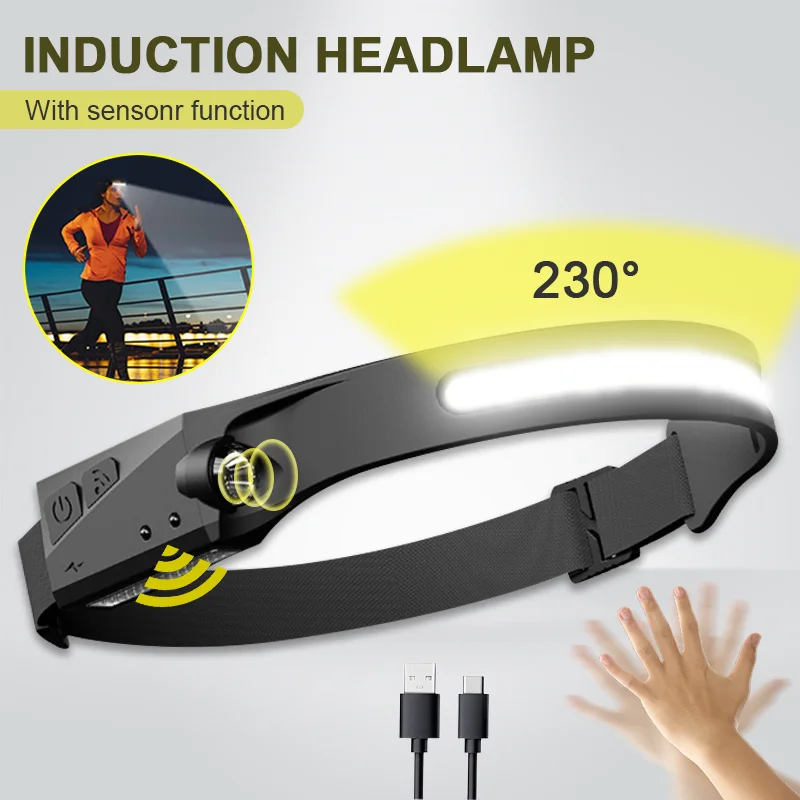 

Super Bright Induction Headlamp Rechargable Head Torch Waterproof Flashlight COB LED Outdoor Running Camping Fishing Lantern
