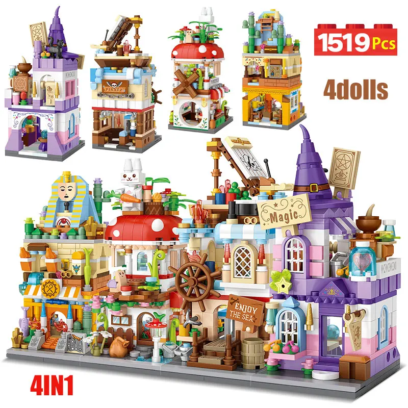 

City 4 IN 1 Mini Street View Magic Castle Architecture Building Blocks Friends Mushroom House Figures Bricks Toys For Kids Gifts