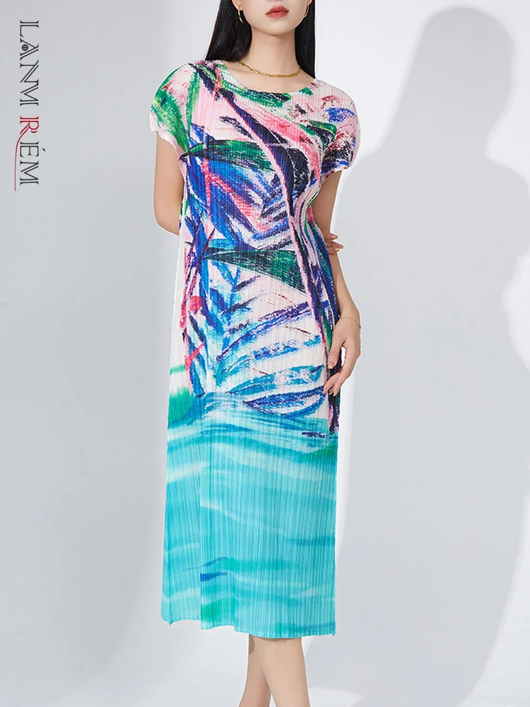 

Женское плиссированное платье LANMREM, платье средней длины с круглым вырезом и короткими рукавами, уличная одежда, осень 2023, новинка 2AA1869