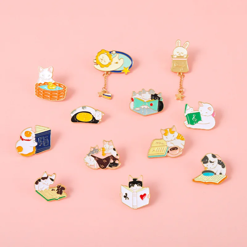 

Animal Series Alloy Brooches Cartoon Cat Reading Book Enamel Lapel Pin Custom Rabbit Star Meteor Badge Jewelry Gift For Kids