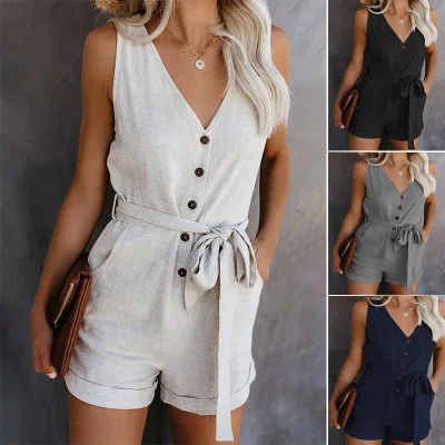 Women's solid color jumpsuit women's 2023 summer casual V-neck bow women's five point shorts