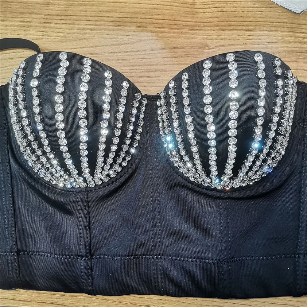 

2023 New Women Fashion Rhinestone Beading Camis Sexy Cropped Top Push Up Bustier Bra Night Club Party Tanks Performance Clothes