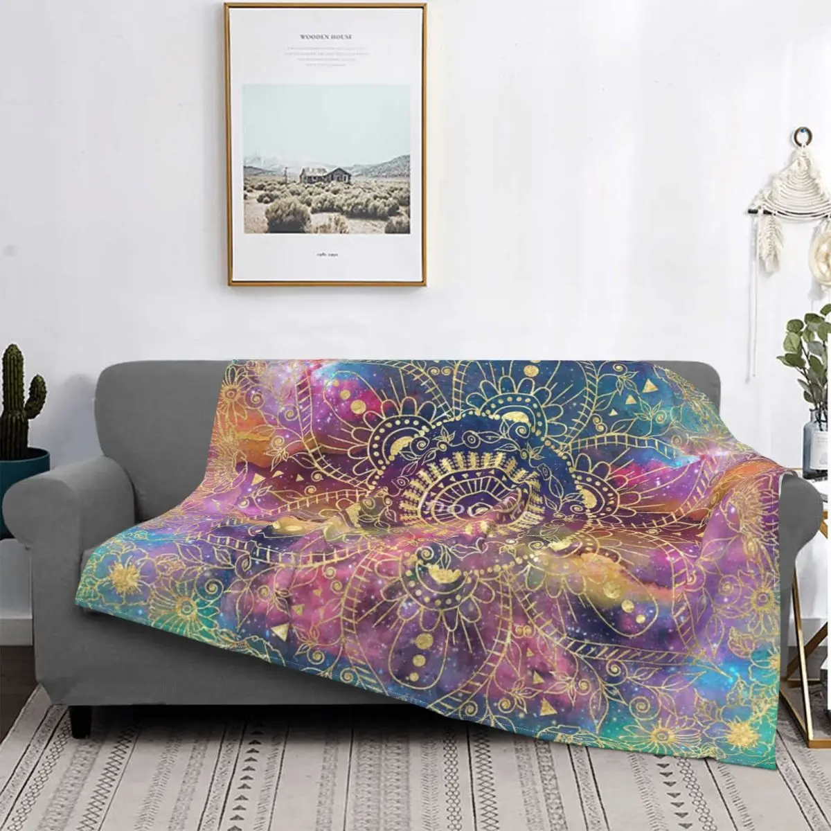 

Gold Watercolor And Nebula Mandala Throw Blanket Retro Warm Bedroom AntiPilling