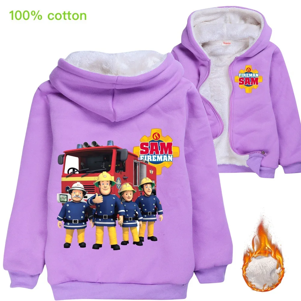 

Children Fireman Sam Print Winter Clothes Kids Warm Thick Velvet Hoody Jacket Baby Girl Zipper Jackets Teenager Boys Clothes