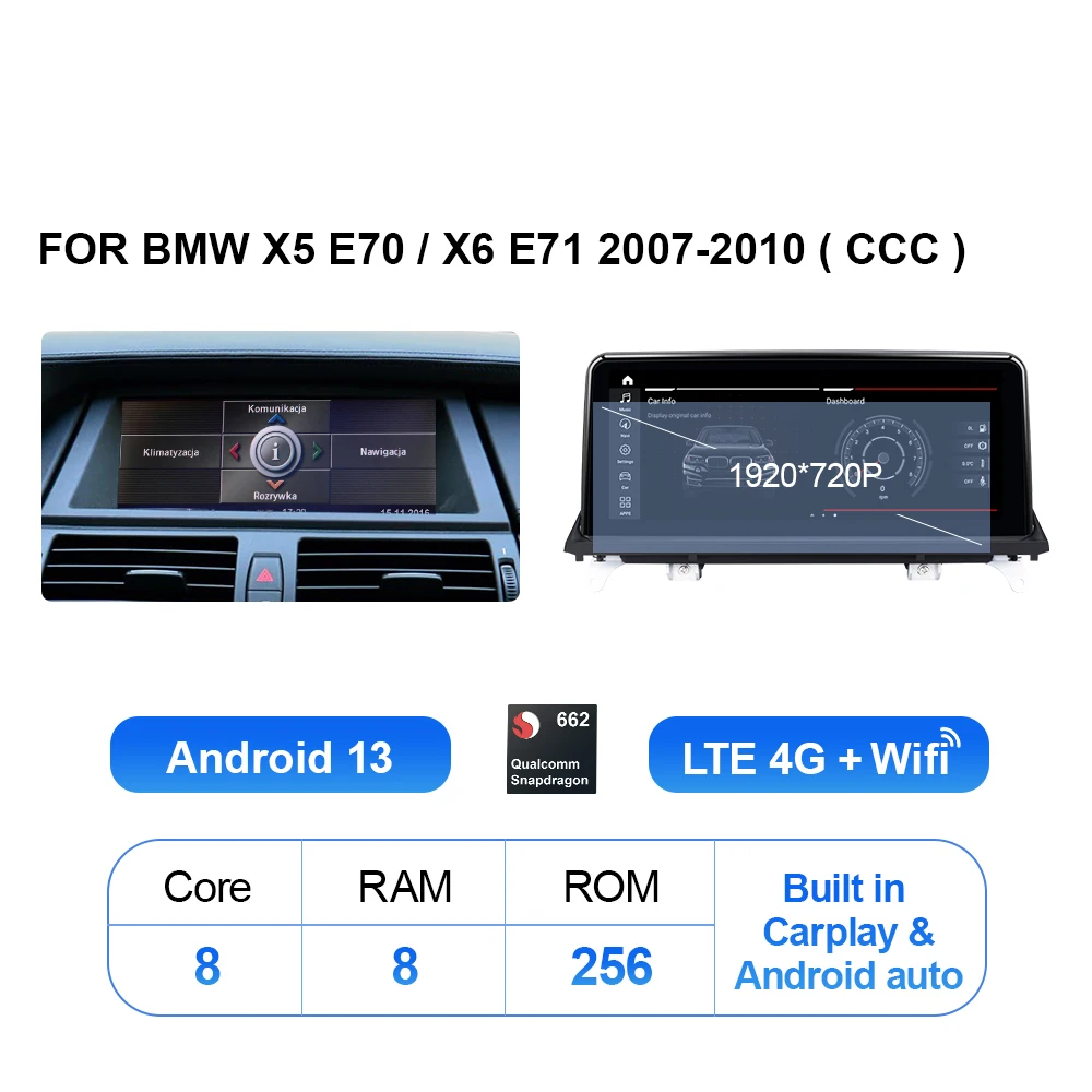 

Автомобильный мультимедийный плеер EBILAEN Android 13 для BMW X5 E70/X6 E71 (2007-2013) системы CCC/CIC Android auto Carplay 4G WiFi GPS BT