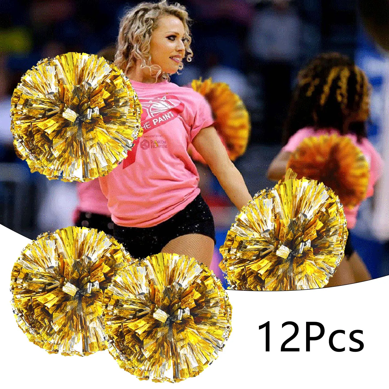

12Pcs/lot Metal Cheerleader Ball Sports Teamwork Cheer Pom Poms Cheerleading Metal Foil Ball With Finger Holes Plastic Ring Pom