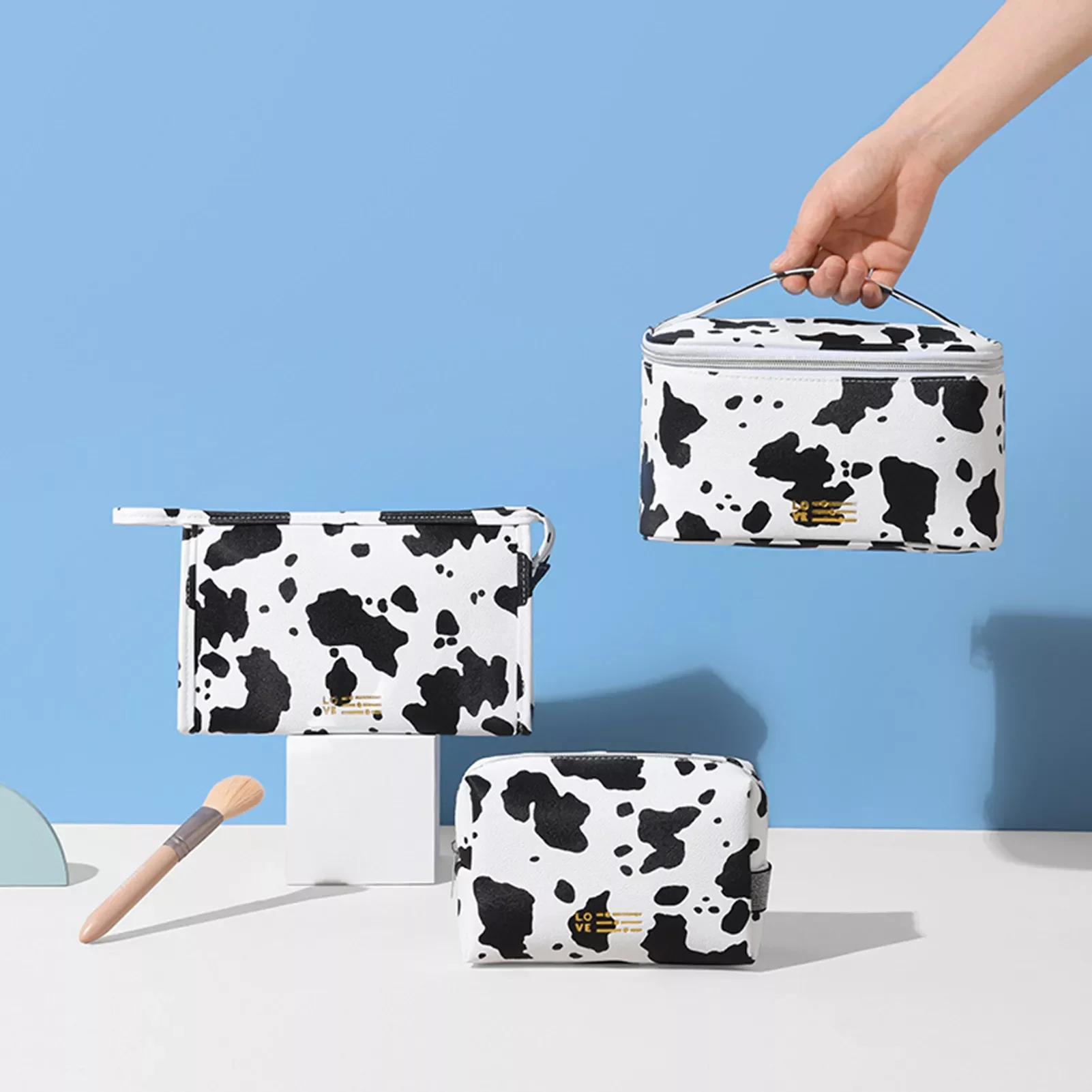 

3PCS Makeup Bag Cow Patterned Outdoor Girl Cosmetic Bag Waterproof PVC Portable Travel Storage Bag Women Toiletries Organizer