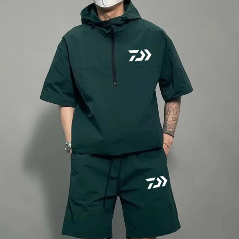 

Men's 2023 New Summer Daiwa Fishing And Sunscreen Suit Oversized Style Ultra-thin Breathable Top Short Sleeved Shorts Sports Set