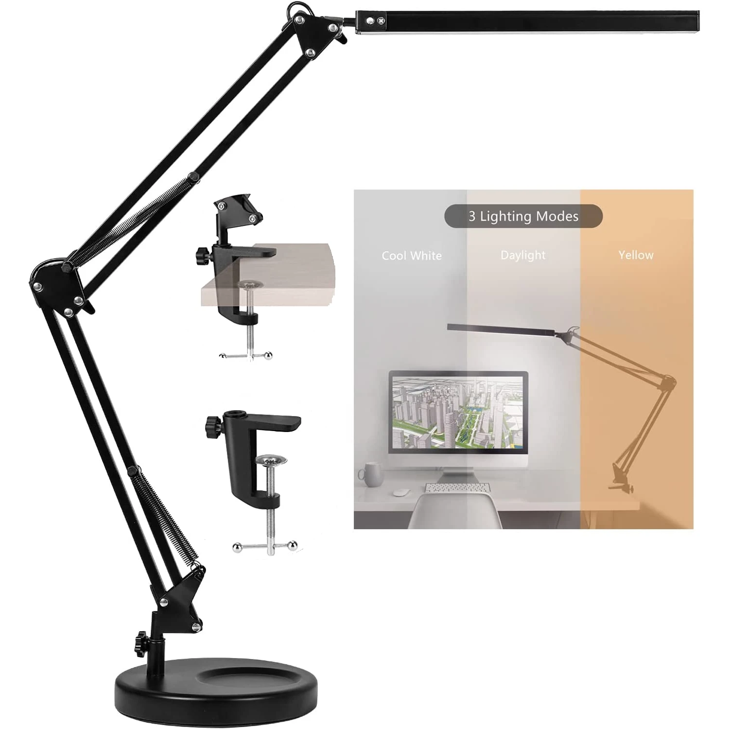 

LED Desk Lamp, Metal Swing Arm Dimmable Task Lamp, Eye Care Table Lamp with Clamp and Base (3 Color Modes, 10-Level Dimmer)