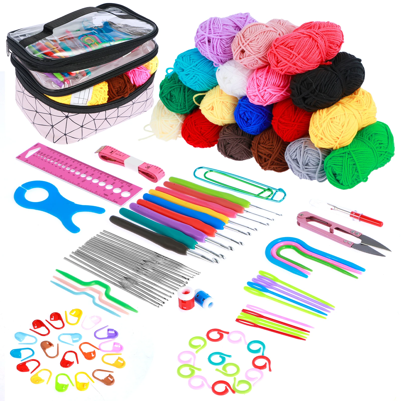 

New 105Pcs Crochet Hook Kit Portable Crochet Yarn Set 18 Color 900 Yards Yarn Balls Complete Crochet Starter Kit DIY Crochet