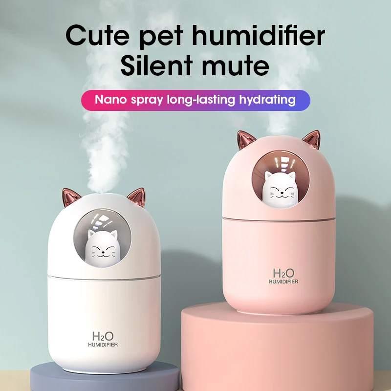 Cat Nightlamp 300ml Electric Air Humidifier Aroma Oil Diffuser Cool Mist Sprayer with Colorful Night Light Home Car Baby Room