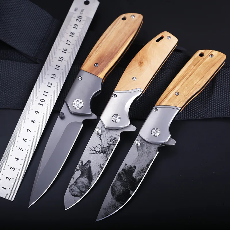 

Creative outdoor folding knife self-defense high hardness fruit knife camping wooden handle 3D knife