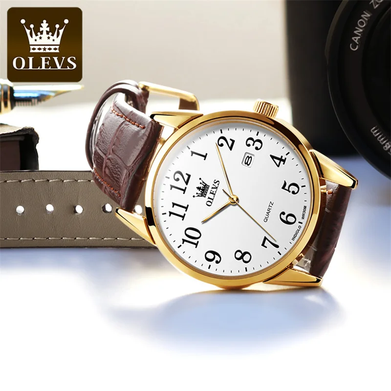 OLEVS Simple Lovers Watch Fashion Waterproof Leather Calendar Casual  Couple Quartz Watches for Men Women Elegant Clock Date