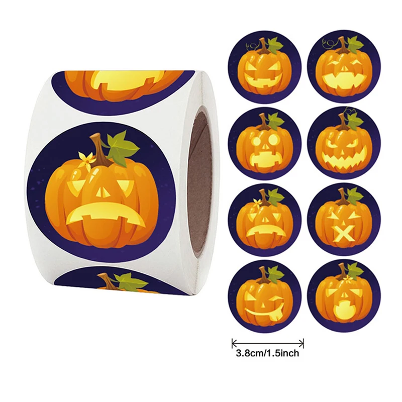 

500pcs Pumpkin Tags Stickers Halloween Decorations Round Roll Holiday Stickers Decorate Envelopes Gift Boxes Cards Letters