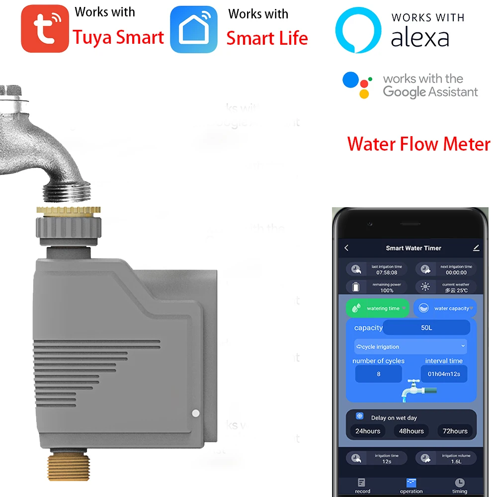 

Tuya Water Flow Meter Wireless Watering Valve Timer Programmable Water Hose Faucet Smart Sprinkler Timer with Hub Alexa Google