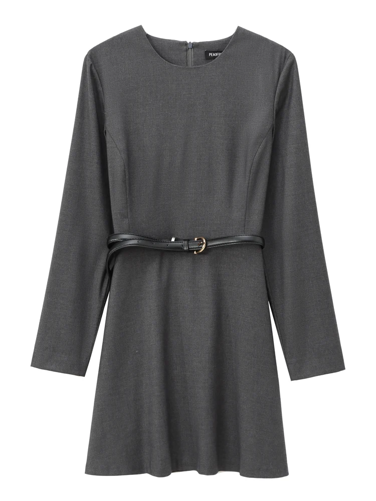 KAOPU ZA женское мини-платье с поясом винтажное платье круглым вырезом и длинными