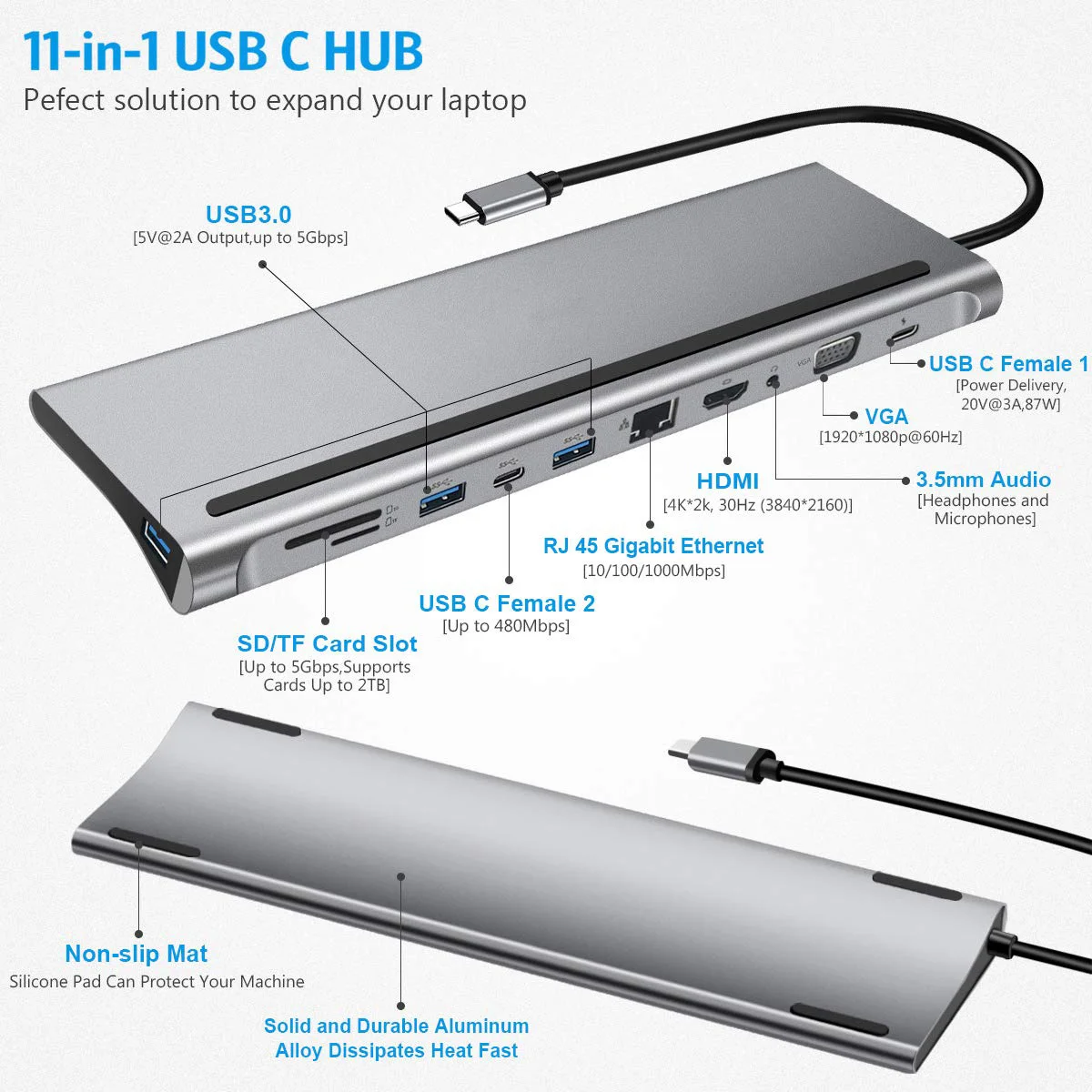 

USB C Hub Type C Adapter 11 in 1 87w Charger Port 4K HD VGA SD TF Card Reader 4 USB3 0 Ports