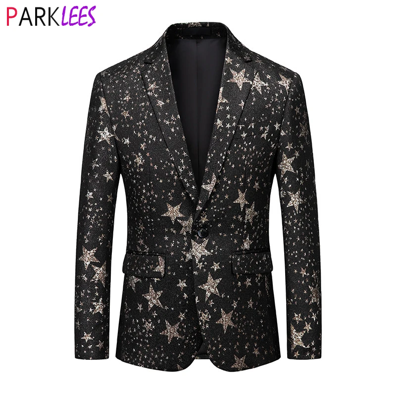 Stylish Star Pattern Suit Jacket Men One Button Notched Lapel Dress Blazers Mens Party Prom Wedding Groom Tuxedo Costume Homme
