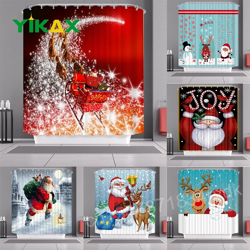 

Merry Christmas Shower Curtain Christmas Home Decor Snowman Santa Claus Bathroom Curtain Polyester Fabric Waterproof Bath Screen