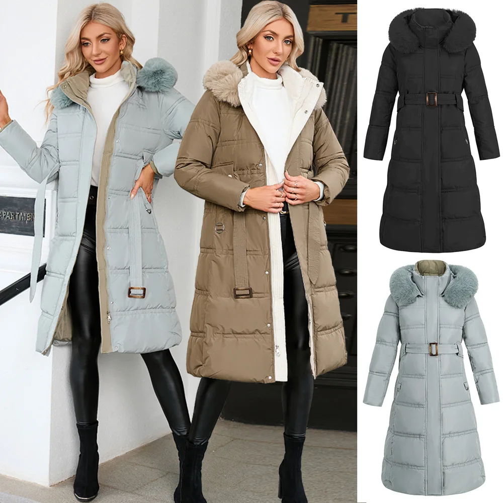 Autumn And Winter Women'S Long And Thin Zipper Cotton Coat Coat Fur Collar Contrast Color Down Cotton enlarge