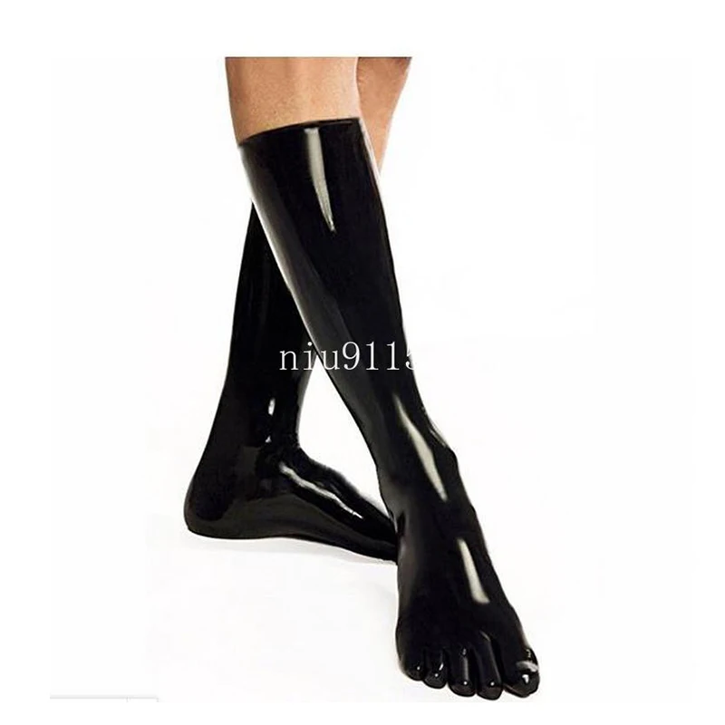 Unisex Seamless Latex Socks 3D 5 Toe Tight Fit Knee Middle Rubber Stockings 35cm Long Black Fetish for Men Women