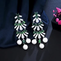 threegraces aesthetic dark green cz crystal long simulated pearl drop dangle earrings for women fashion banquet jewelry er826