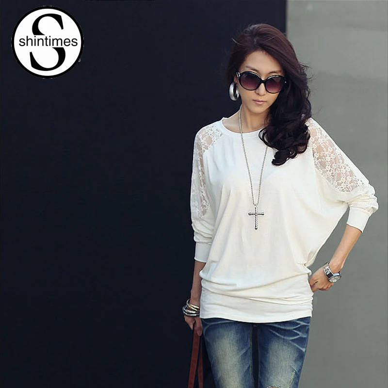 

Shintimes Tee Shirt Femme Korean Clothes Bat Sleeve T Shirt Women Lace T-Shirt 2022 Loose Tshirt Woman Plus Size Camisas Mujer
