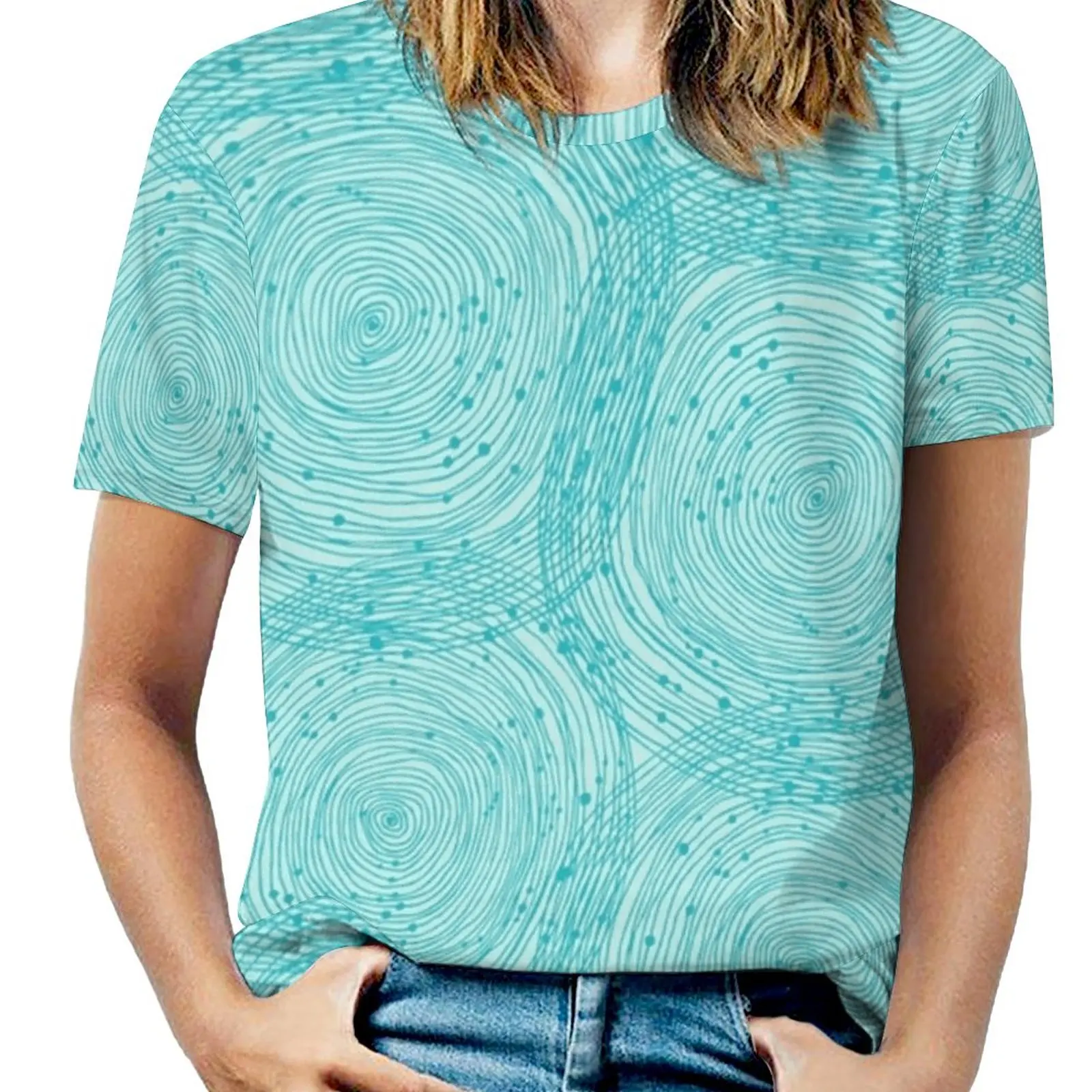 

Женская бирюзовая футболка с принтом, круглым вырезом и коротким рукавом