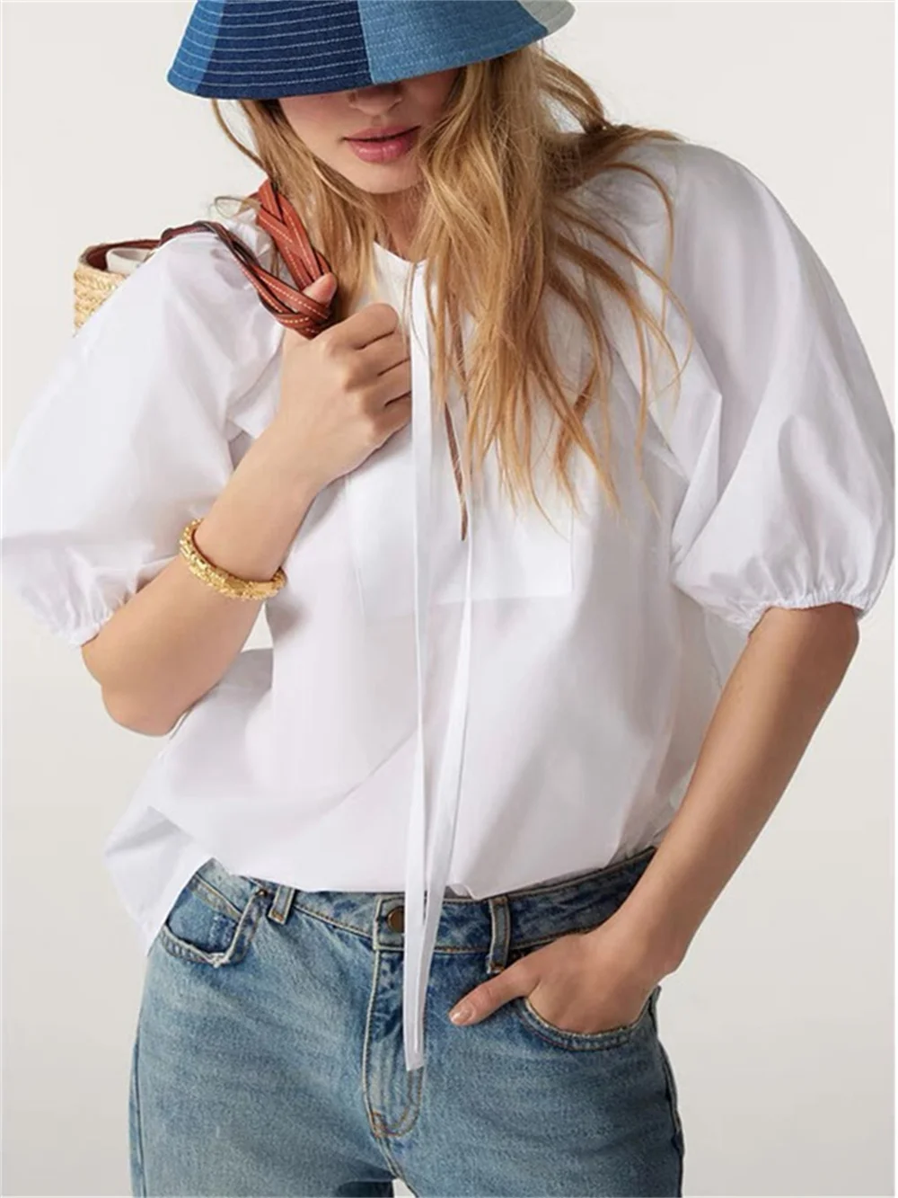 

Women Lace Up O-Neck Puff Sleeve Shirts Summer 2023 New Ladies All-Match Solid Color 100% Cotton Fresh Sweet Blouse