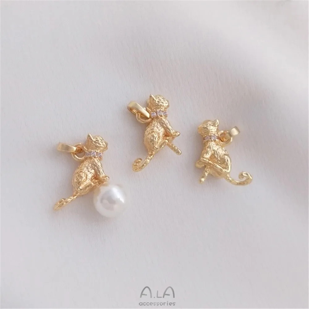 

Real 14K Gold Plating Inlaid zircon cute cat half hole Pearl Pin Pendant DIY sticky Crystal Pearl Pendant