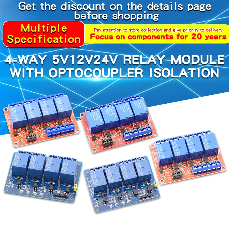 

Релейный 4-полосный релейный модуль постоянного тока 5 В, 12 В, 24 В, С оптопарным выходом, релейная плата триггера низкого/высокого уровня