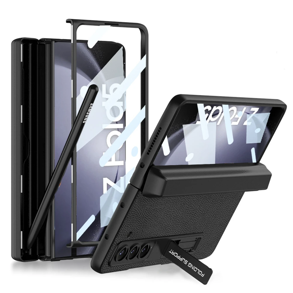 Hidden S Pen Holder Cover for Samsung Galaxy Z Fold 5 Fold5 Case Magnetic Hinge Leather Skin Hard PC Kickstand with Glass Film