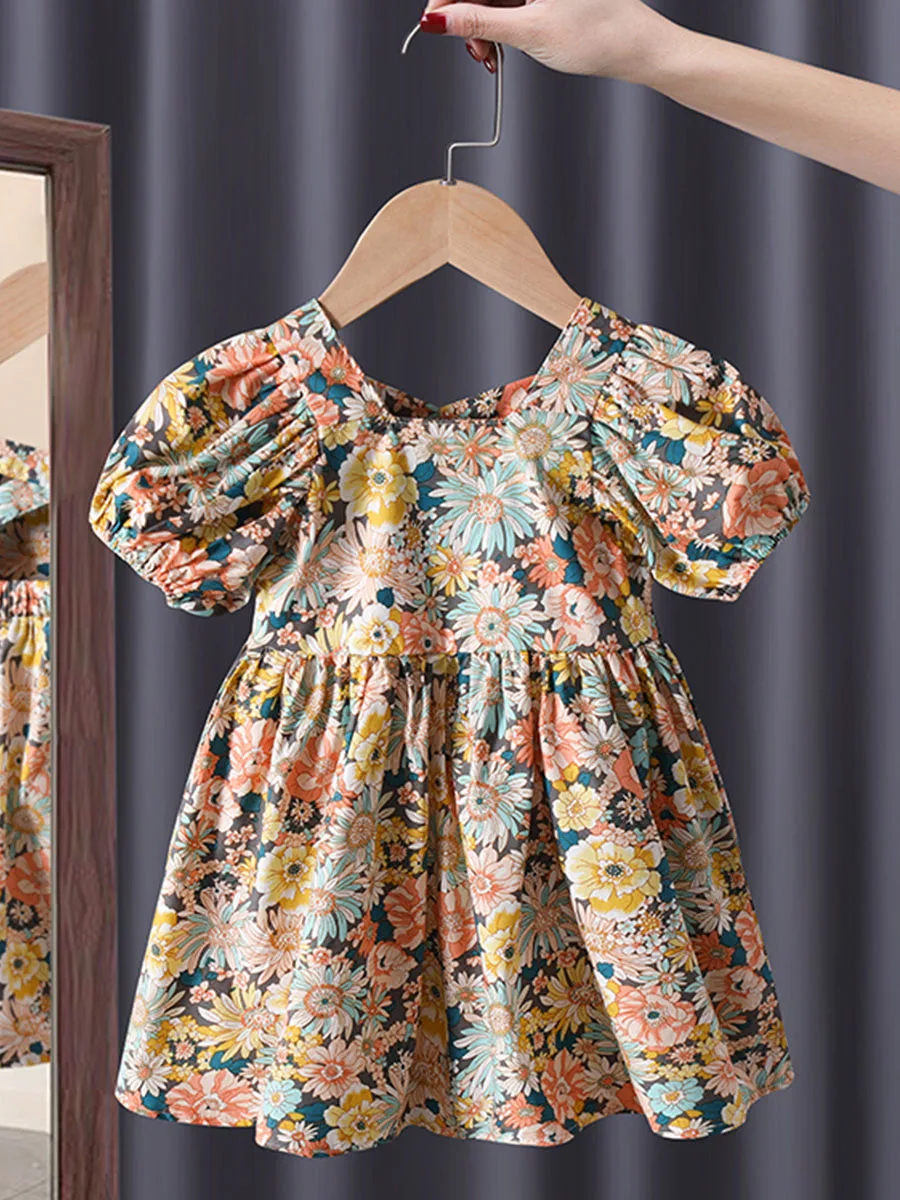 

Summer Girl Princess Dress 2022 Cute Square Collar Puff Sleeve Floral Print Dresses Fashion Lovely High Waist A-Line Beach Frock
