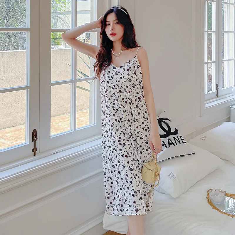 QWEEK  Lingerie Sexy Woman Nightie Ladies Floral Print Sling Nightdress Satin Sleepwear Spaghetti Strap Nightwear Homewear