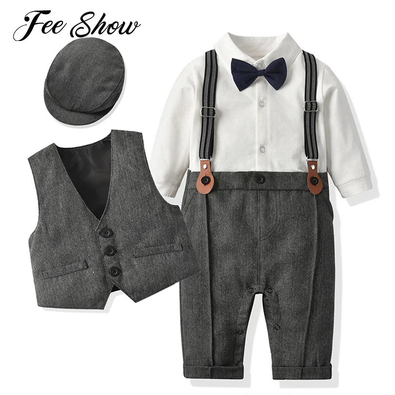 

Fashion Baby Boys Gentleman Casual Rompers Clothes Set Long Sleeve Bow Tie Front Button Y-shaped Back Suspender Romper with Vest
