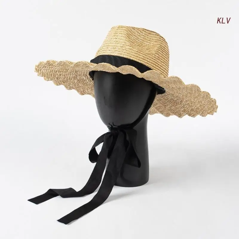 

Straw Hat Curvy Designed Wide Brim Long Strap Lightweight Hats Summer Accessory Beach Hat for Women