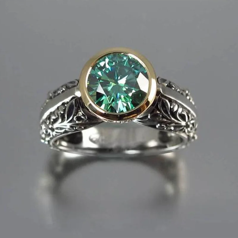 

Milangirl Retro Ancient Silver Color Craved Flower Pattern Inlaid Green Crystal Rhinestone Zircon Female Ring for Party Jewelry