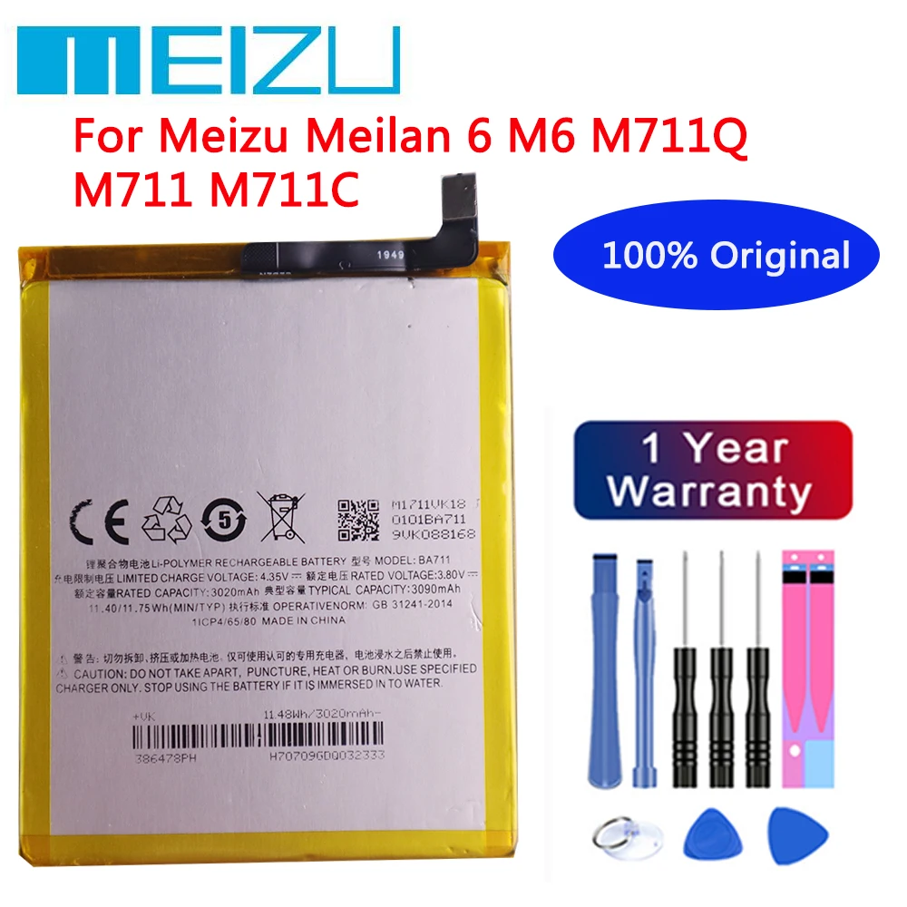 

New 3090mAh BA711 Mei zu 100% Original Battery For Meizu Meilan 6 M6 M711Q M711 M711C Mobile Phone Batteries + Tools