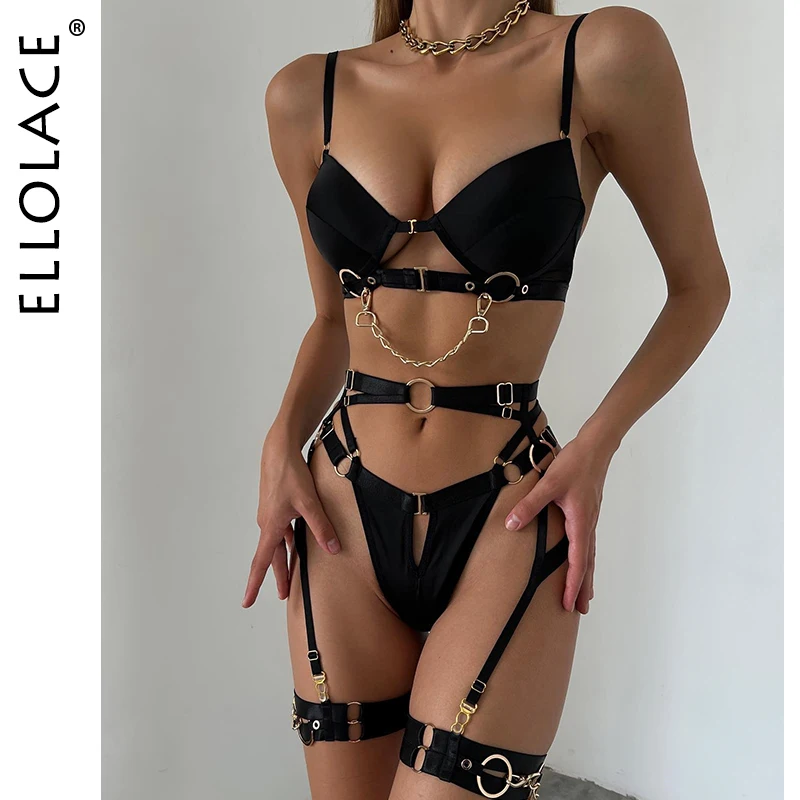 Ellolace Fine Lingerie Sexy Fancy Underwear 5-Piece Delicate Luxury Erotic Sets With Chain Bra And Panty Set Garters Intimate