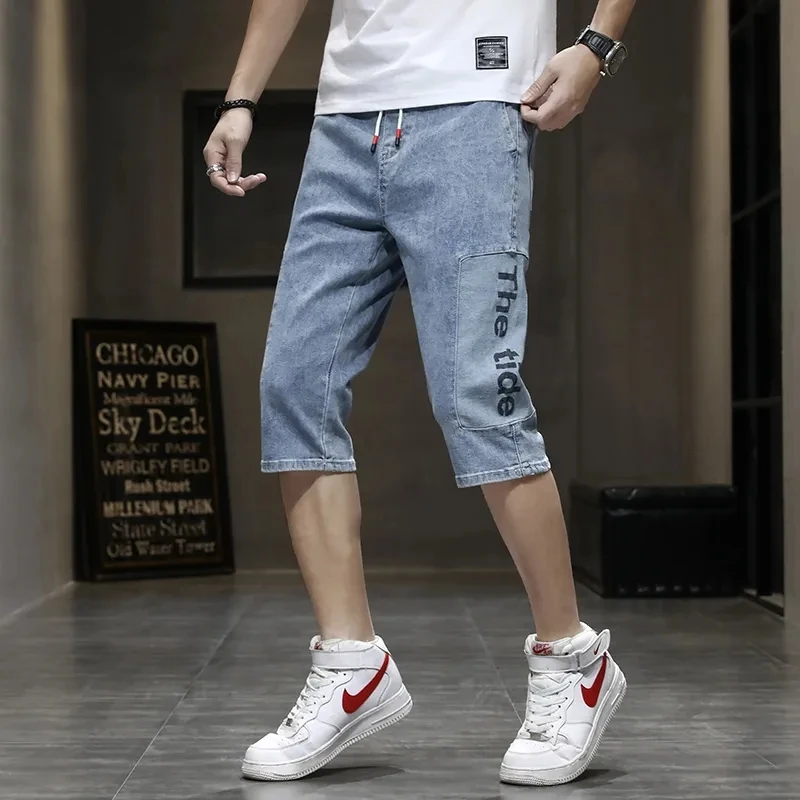 Korean Popular Summer Thin Loose Casual Men's Elastic Denim Jeans Vintage Distressed Men Pants Calf Length Straight Shorts