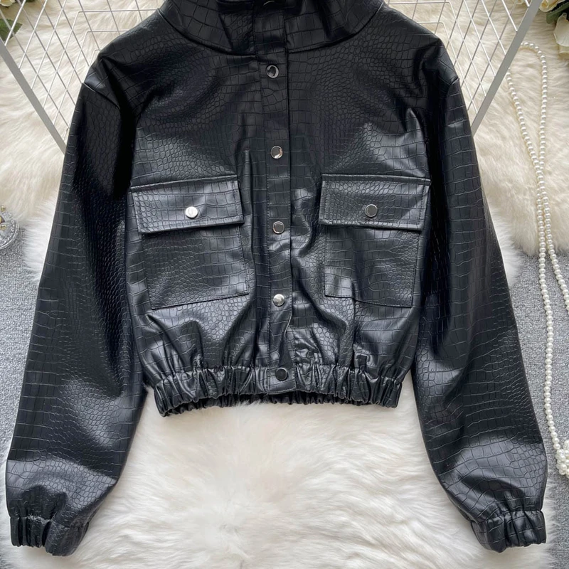 Women Crocodile Pattern Faux Leather Jacket Coat Casual PU Loose Motorcycle Jackets Female Streetwear Oversized Coat Korean Chic