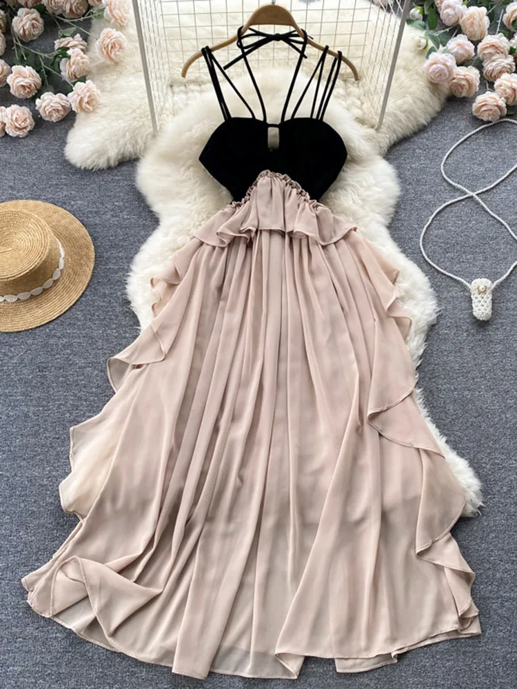 

Summer Women Sweet Babes French Chiffon Long Dress Holiday Irregular Suspender Fashion Seaside Beach Stitching Vestidos