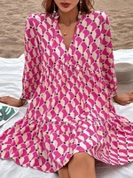 elegant pink geometric printed tie neck a line dress women fashion ruffle hem mini smock dress summer female long sleeve robe