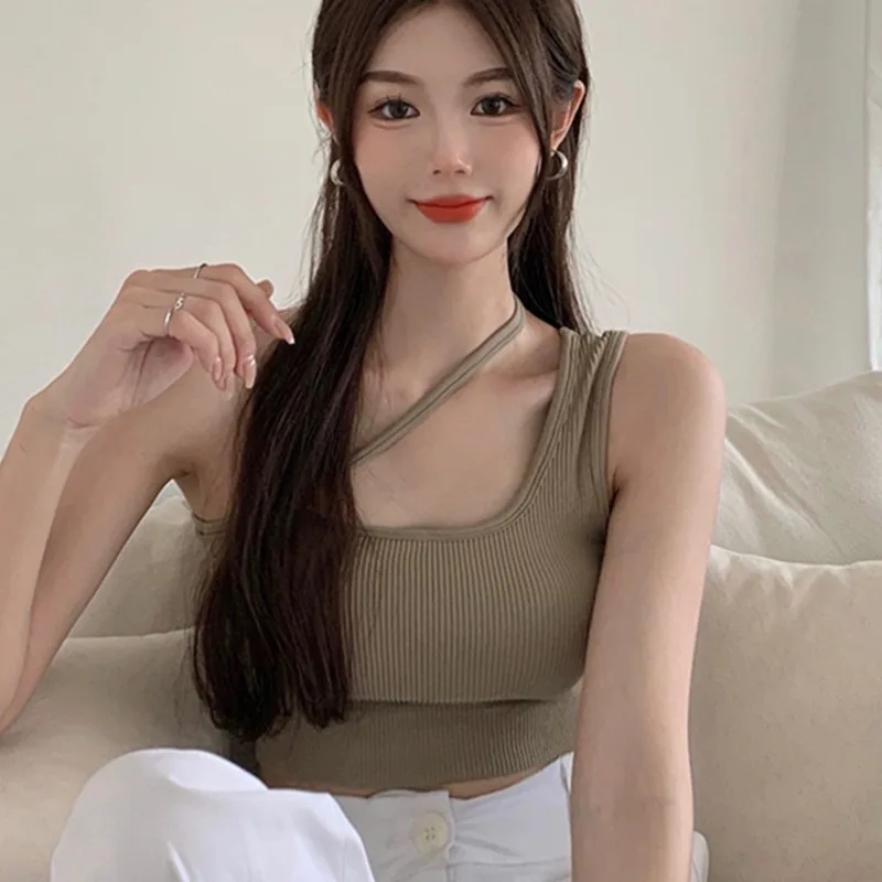 Кроп-Топ женский на одно плечо футболка без рукавов Пляжная майка с открытым